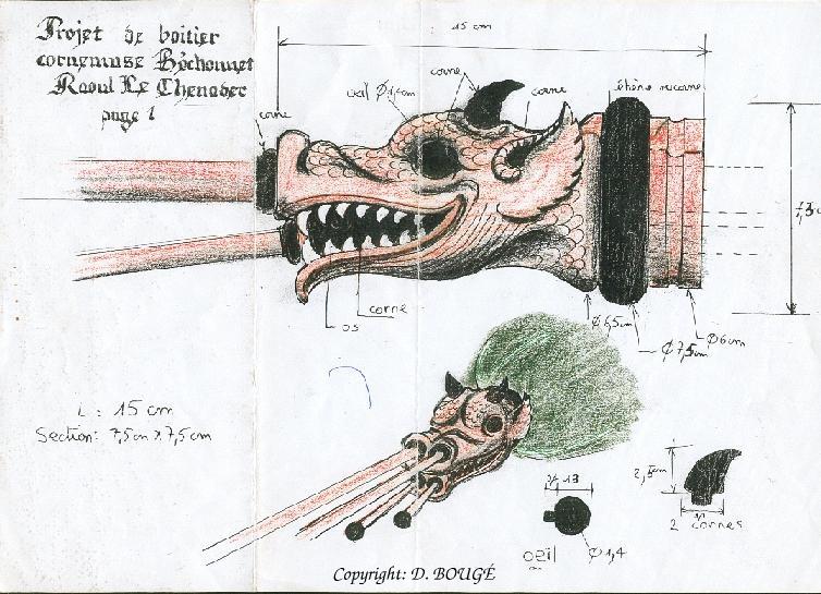 Croquis de travail d'une cornemuse  tte zoomorphe
